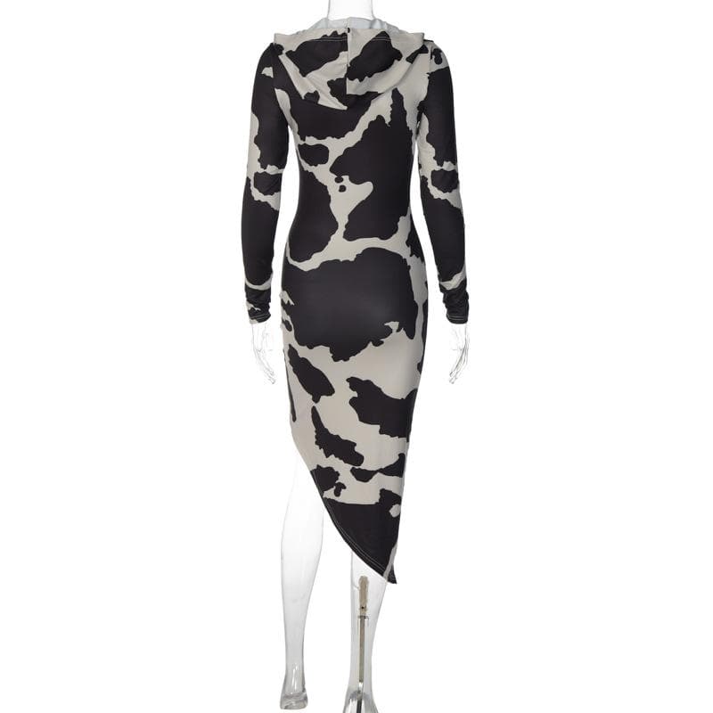 Fall Trend Alert: Cow Print Mock Neck Long Sleeve Bodycon Midi Dress with Asymmetrical Hem