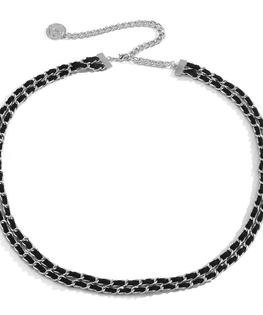 Chic Layered Chain Waist Belt with Black Faux Leather & Coin Charm - Fall Style Essential