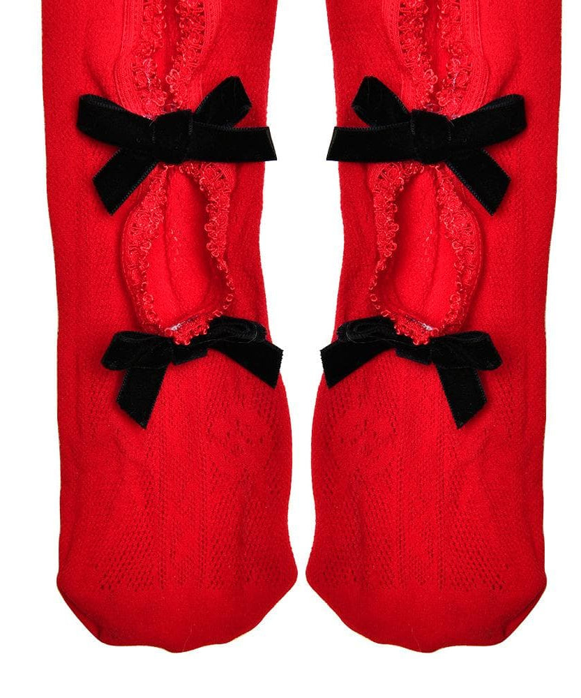 Sultry Red Lace & Bowknot Fishnet Tights - Daring Cut-Out Hosiery for Halloween & Beyond