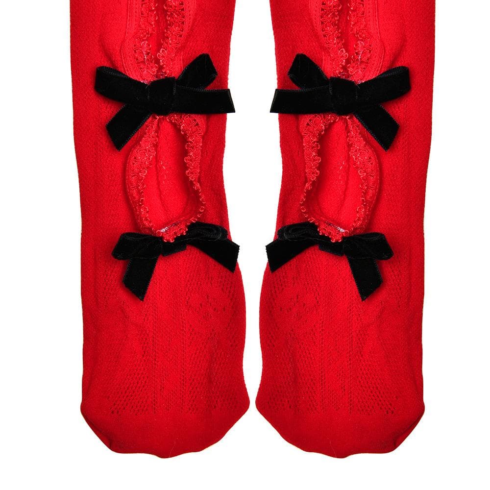 Sultry Red Lace & Bowknot Fishnet Tights - Daring Cut-Out Hosiery for Halloween & Beyond
