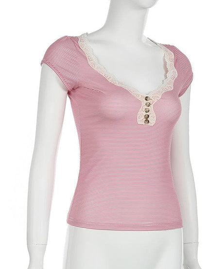 Chic Pink Striped Lace Henley Top – Cozy Fall Essential for Women