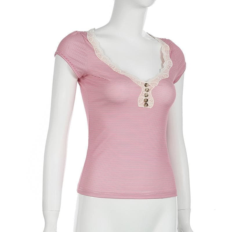 Chic Pink Striped Lace Henley Top – Cozy Fall Essential for Women