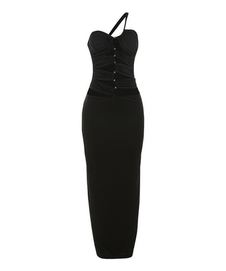 Slay the Season: Black One-Shoulder Ruched Bodycon Maxi Dress with Metallic Accents - Fall & Holiday Ready