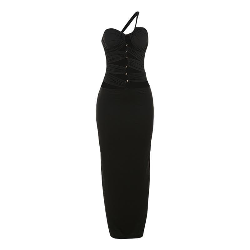 Slay the Season: Black One-Shoulder Ruched Bodycon Maxi Dress with Metallic Accents - Fall & Holiday Ready