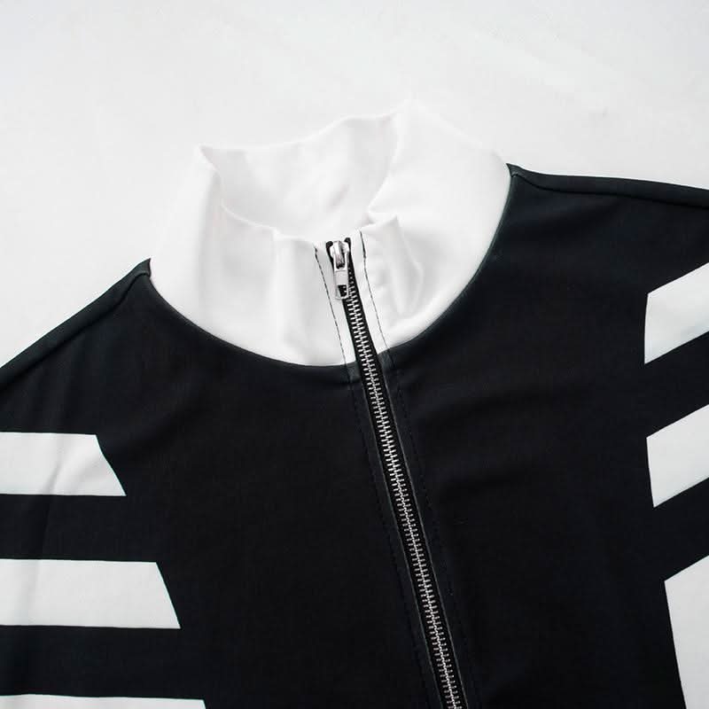 Women's Fall Athleisure Black & White Tracksuit Set | Zip-Up Crop Jacket & Wide Leg Pants