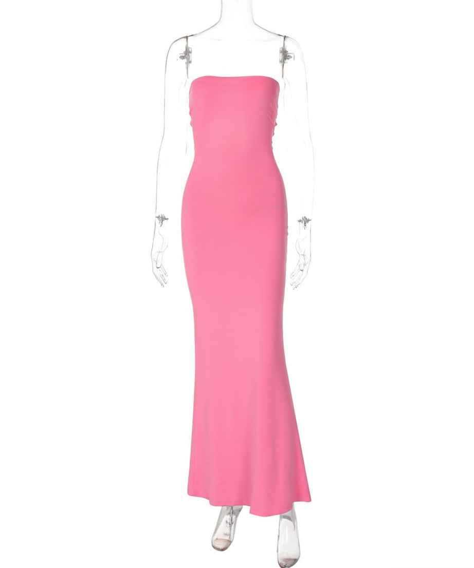 Slay the Scene: Hot Pink Strapless Maxi Gown with Knotted Lace-Up Back | Fall & Holiday Event Dress