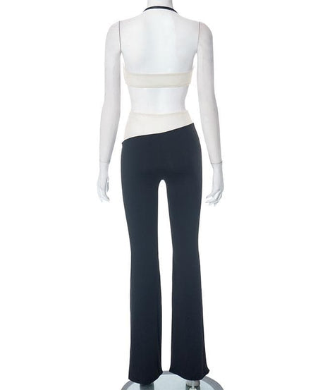Spooky Chic Statement: Y2K 'Hands On Me' Halter Crop Top & Flare Pant Set - Fall Festival Ready!