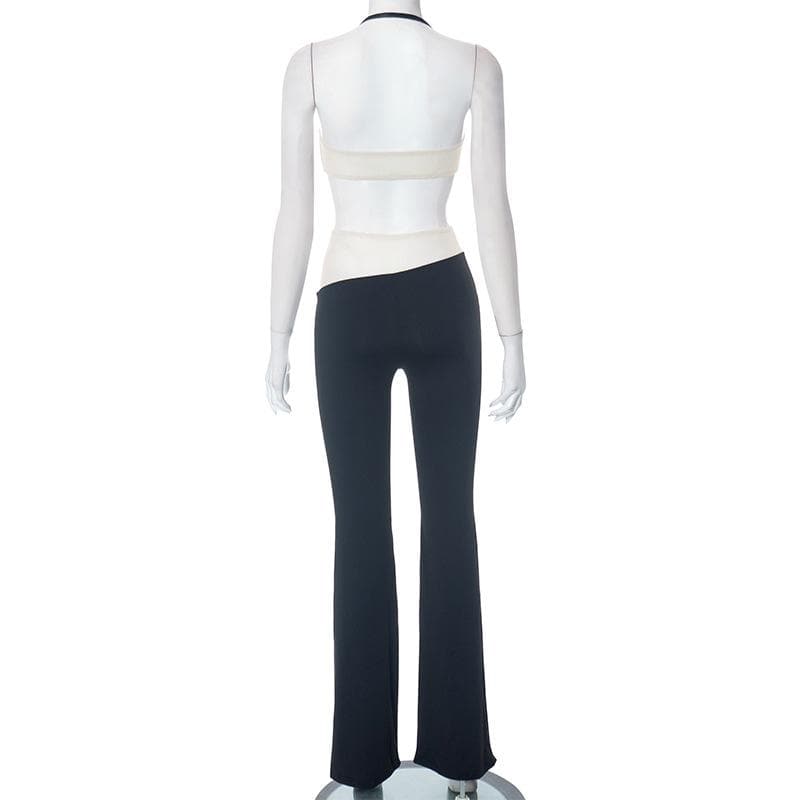 Spooky Chic Statement: Y2K 'Hands On Me' Halter Crop Top & Flare Pant Set - Fall Festival Ready!
