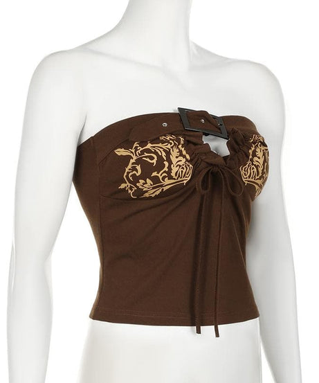 Chic Fall Baroque Buckle Tube Top | Vintage Inspired Print & Adjustable Tie