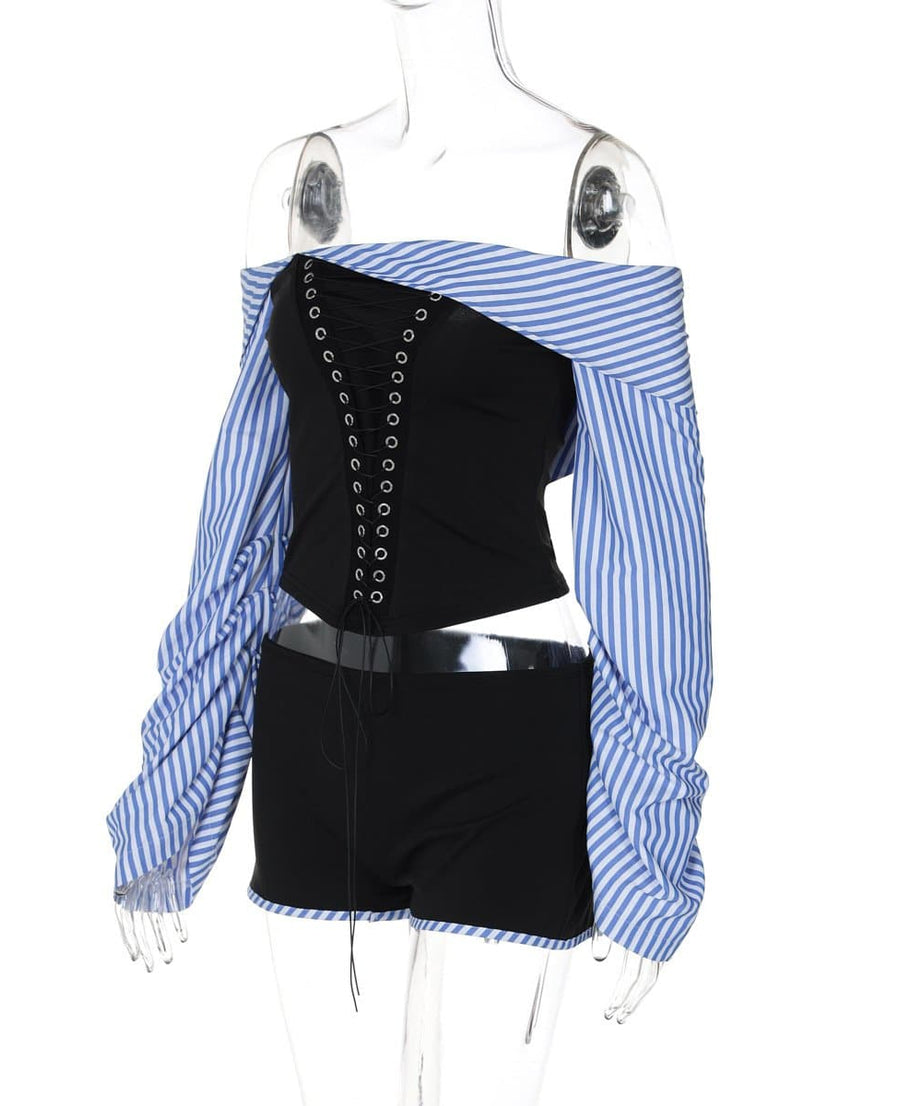 Trendy Off-Shoulder Lace-Up Corset Top & Striped Sleeve Shorts Set - Your Fall-Ready Statement