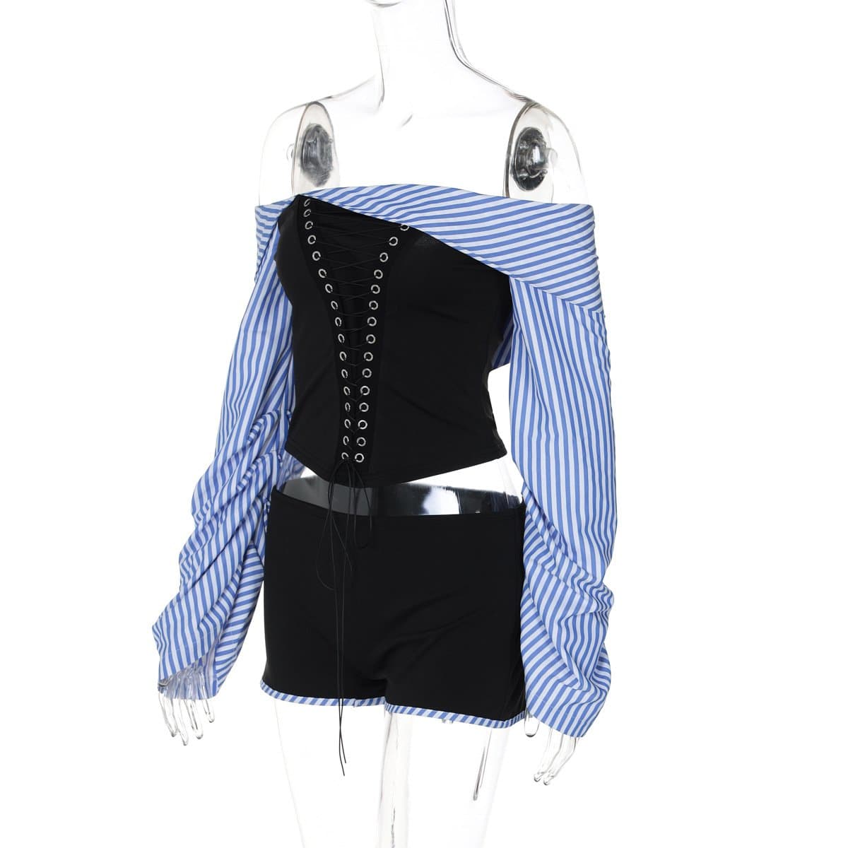 Trendy Off-Shoulder Lace-Up Corset Top & Striped Sleeve Shorts Set - Your Fall-Ready Statement