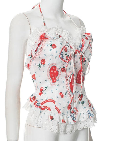 Darling Sweetheart Halter Top | Vintage Heart, Rose & Lace Ruffle Blouse
