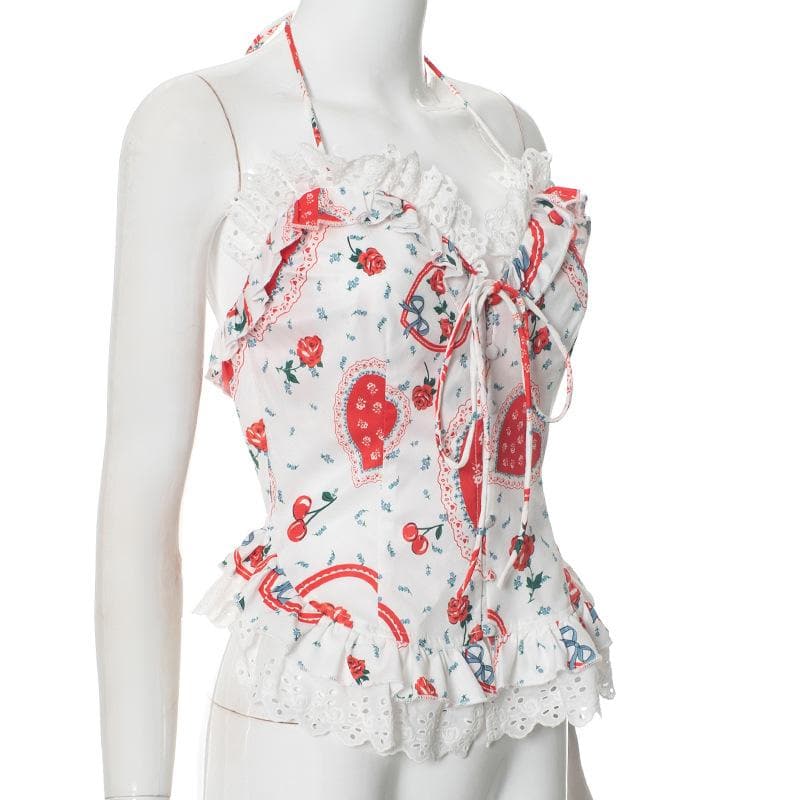 Darling Sweetheart Halter Top | Vintage Heart, Rose & Lace Ruffle Blouse
