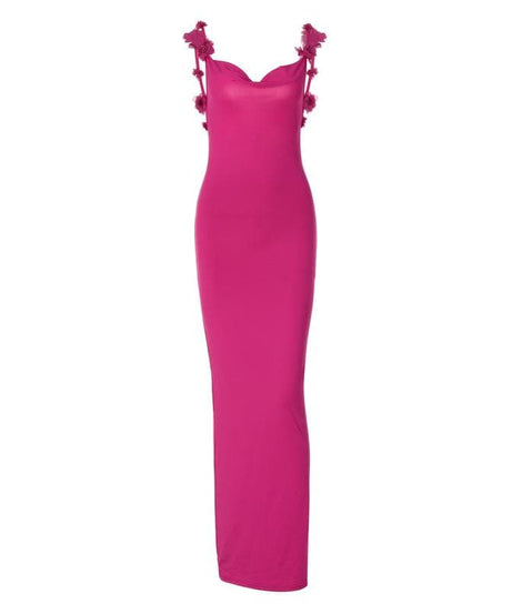 Elegant Magenta Backless Maxi Dress with Delicate Floral Applique Straps - Fall & Holiday Ready