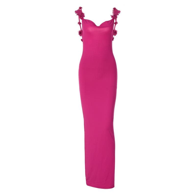 Elegant Magenta Backless Maxi Dress with Delicate Floral Applique Straps - Fall & Holiday Ready