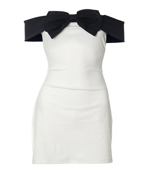 Elegant White Off-Shoulder Mini Dress with Statement Black Bow - Fall Party & Date Night Ready