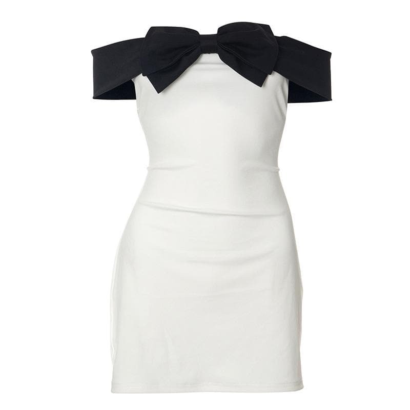 Elegant White Off-Shoulder Mini Dress with Statement Black Bow - Fall Party & Date Night Ready