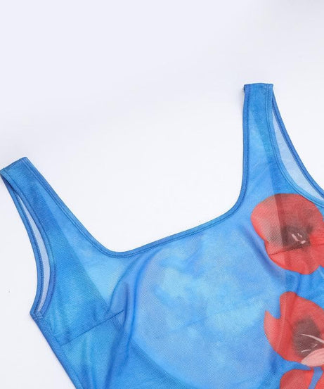 Stunning Blue Poppy Print Sheer Mesh Midi Dress with Slit & Backless Detail – Your Go-To for Fall Parties & Resort Getaways