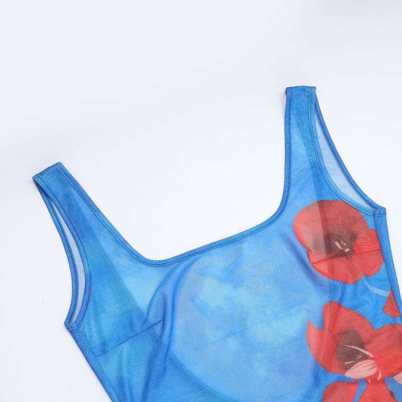 Stunning Blue Poppy Print Sheer Mesh Midi Dress with Slit & Backless Detail – Your Go-To for Fall Parties & Resort Getaways