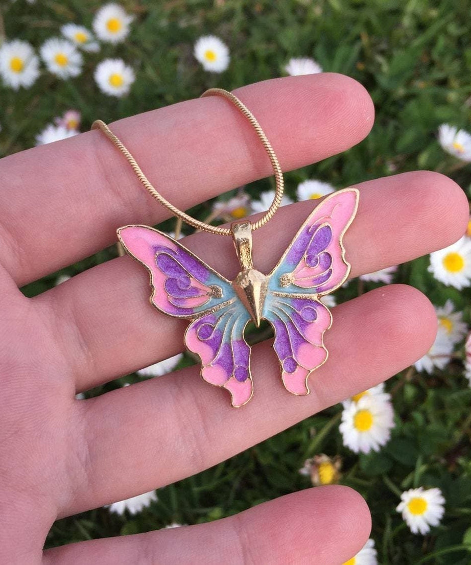 Enchanted Butterfly Charm Necklace - Vibrant Pink & Purple Enamel with Gold Tone Chain - Perfect Fall Accent & Gift for Her