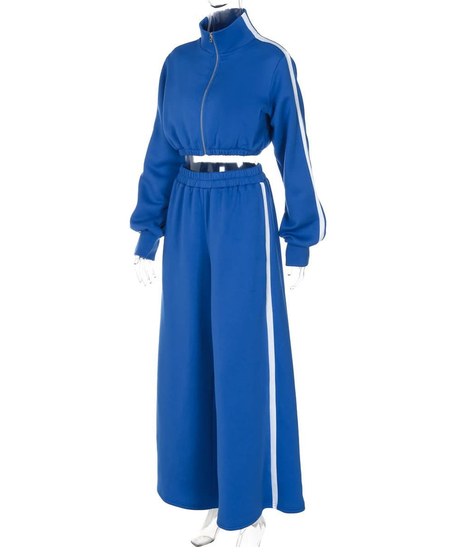 Cozy Chic Fall: Royal Blue Cropped Zip Sweatshirt & Wide-Leg Pant Set