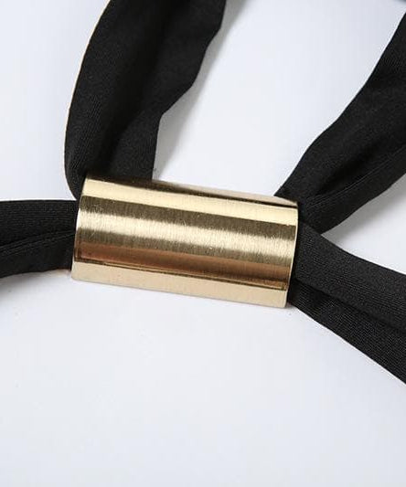 Sleek Black Halter Cutout Romper with Gold Hardware | Ruched Party Jumpsuit for Fall & Holiday Glam