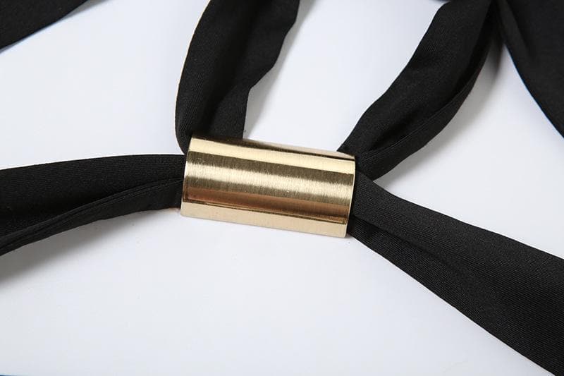 Sleek Black Halter Cutout Romper with Gold Hardware | Ruched Party Jumpsuit for Fall & Holiday Glam