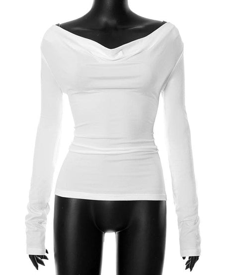 Chic & Cozy White Off-Shoulder Ruched Long Sleeve Top – Your Essential Fall Style