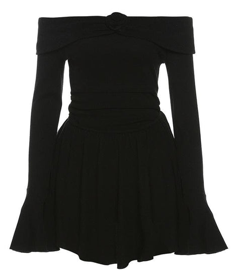 Effortless Elegance: Off-Shoulder Rose Appliqué Mini Dress with Flared Sleeves - Your Fall & Holiday Go-To