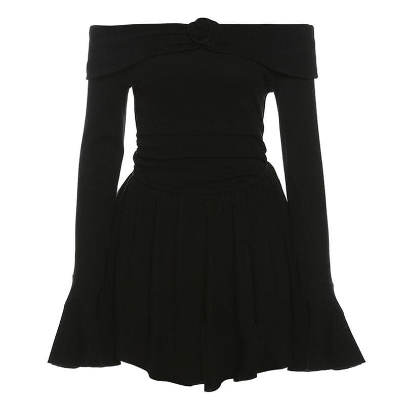 Effortless Elegance: Off-Shoulder Rose Appliqué Mini Dress with Flared Sleeves - Your Fall & Holiday Go-To