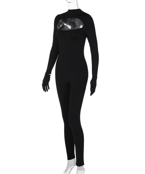 Daring Black Cutout Jumpsuit with Built-In Gloves - Sleek Halloween & Holiday Statement Catsuit