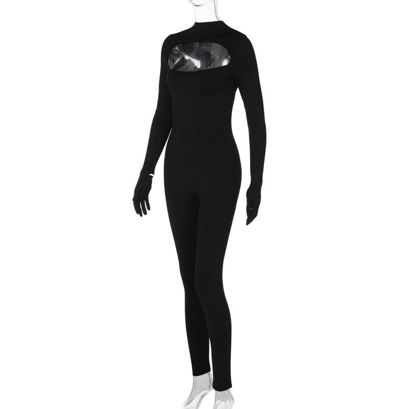 Daring Black Cutout Jumpsuit with Built-In Gloves - Sleek Halloween & Holiday Statement Catsuit