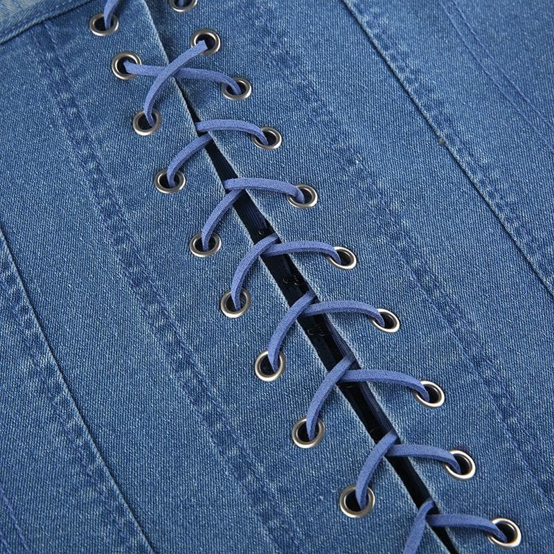 Y2K Edgy Denim Corset Top | Strapless Sweetheart Bustier for Fall Style