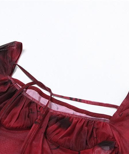 Autumn Edge: Ruched Tie-Dye Mesh Bodysuit with Cutout Ties – Your Go-To for Fall Parties & Halloween