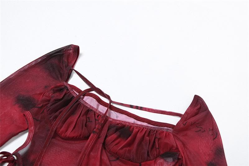 Autumn Edge: Ruched Tie-Dye Mesh Bodysuit with Cutout Ties – Your Go-To for Fall Parties & Halloween