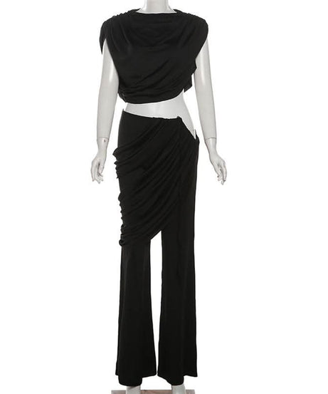 Chic Black Draped & Ruched Two-Piece Set | Your Fall & Holiday Event Essential