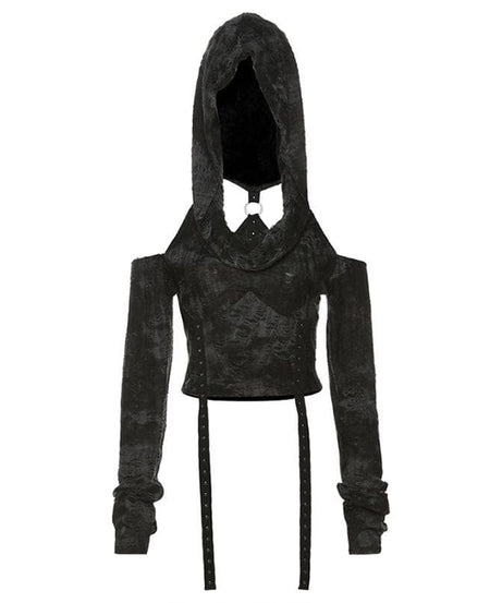 Mystique Velvet Cold Shoulder Cropped Hoodie | Edgy Studded Gothcore Top for Fall & Halloween