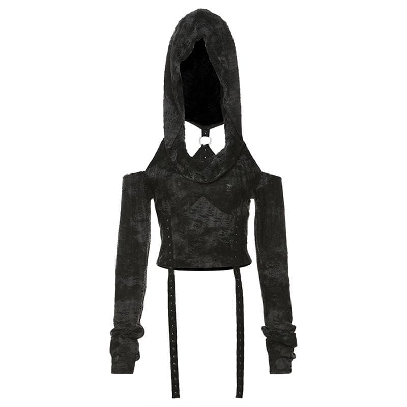 Mystique Velvet Cold Shoulder Cropped Hoodie | Edgy Studded Gothcore Top for Fall & Halloween
