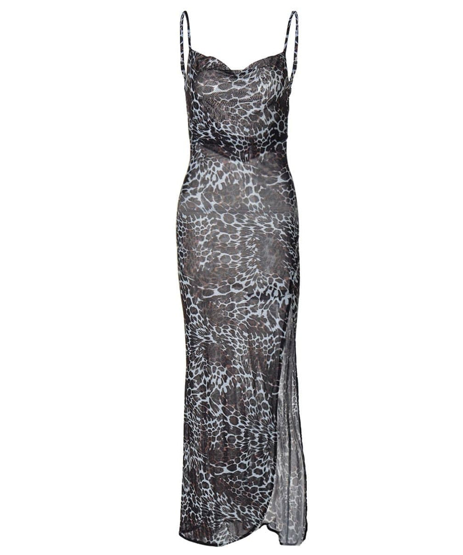 Slinky Leopard Print Cowl Neck Maxi Dress with High Slit - Fall & Holiday Glam