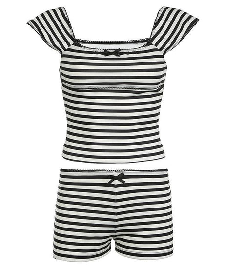 Effortlessly Stylish Striped Pajama & Loungewear Set - Women's Comfy Cap Sleeve Top & Shorts for Cozy Fall Nights