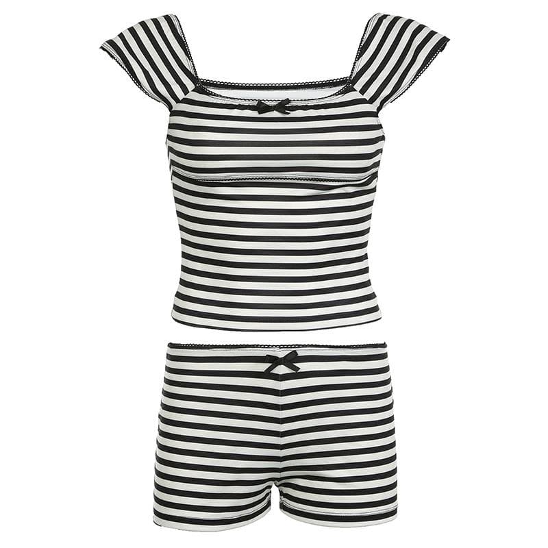 Effortlessly Stylish Striped Pajama & Loungewear Set - Women's Comfy Cap Sleeve Top & Shorts for Cozy Fall Nights