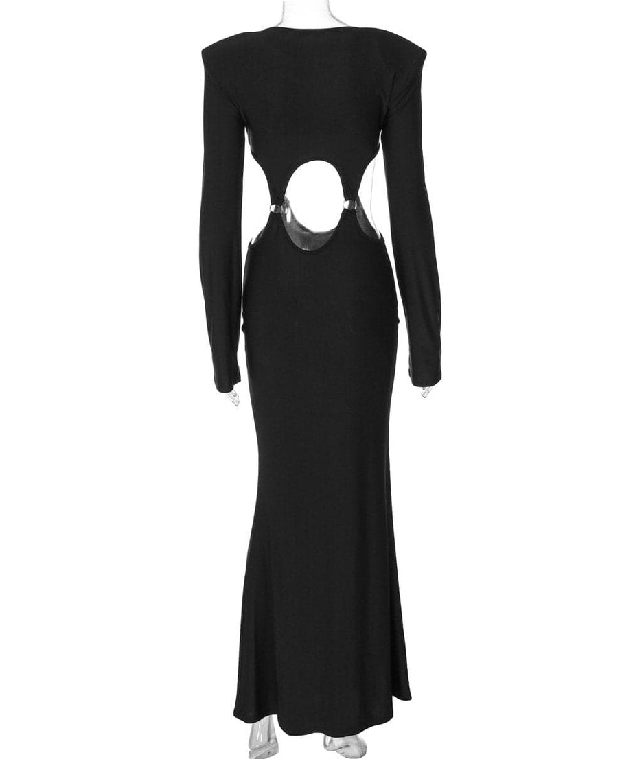 Alluring Black O-Ring Cut-Out Maxi Dress - Fall & Holiday Party Statement