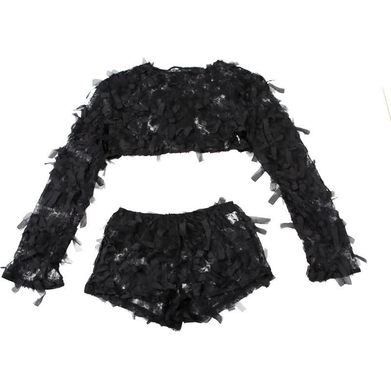 Spooky Chic Shredded Lace Crop Top & Shorts Set - Halloween & Party Ready