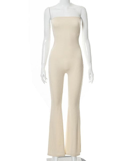 Cozy Chic Strapless Ribbed Knit Bell Bottom Jumpsuit | Effortless Fall Style with Lace-Up Back