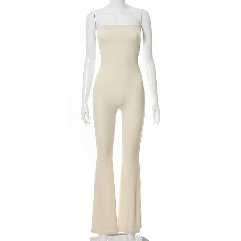 Cozy Chic Strapless Ribbed Knit Bell Bottom Jumpsuit | Effortless Fall Style with Lace-Up Back