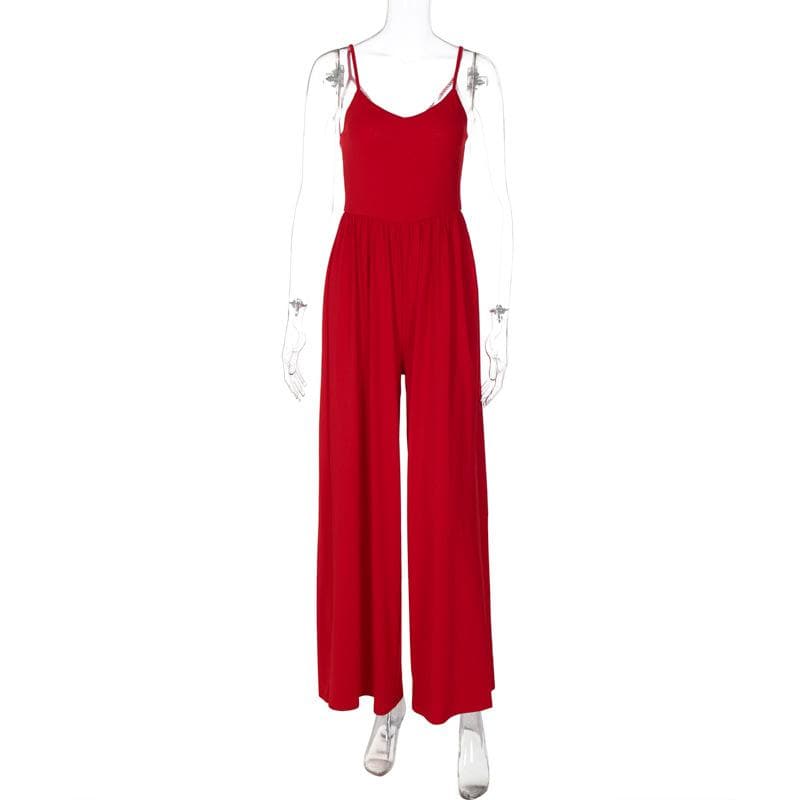 Chic Red Ruched Cross-Back Cami Jumpsuit - Effortless Wide Leg Style for Fall & Holiday