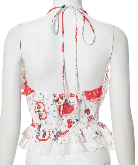Darling Sweetheart Halter Top | Vintage Heart, Rose & Lace Ruffle Blouse