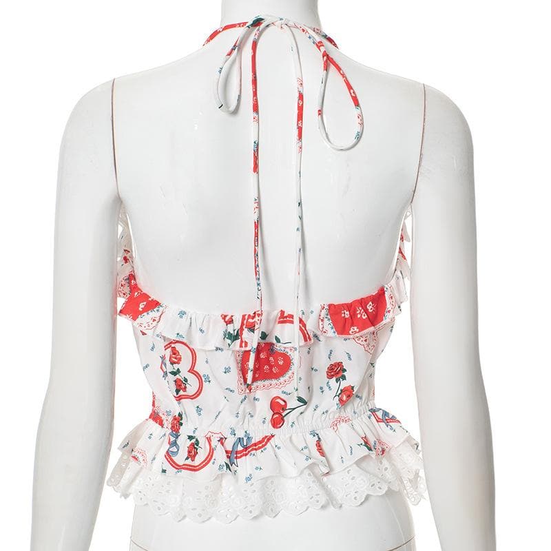Darling Sweetheart Halter Top | Vintage Heart, Rose & Lace Ruffle Blouse