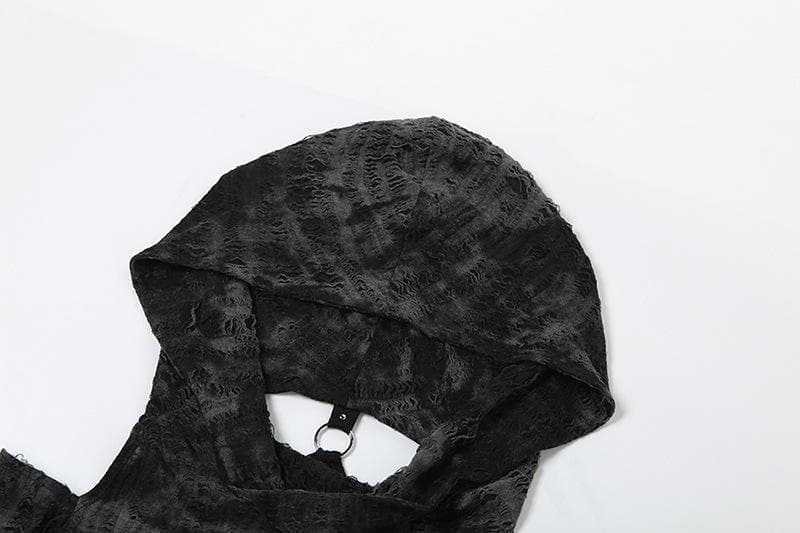 Mystique Velvet Cold Shoulder Cropped Hoodie | Edgy Studded Gothcore Top for Fall & Halloween