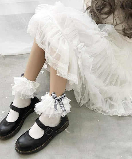 Sweet Gingham Bow Ruffled Lace Ankle Socks | Vintage-Inspired Fall Charm